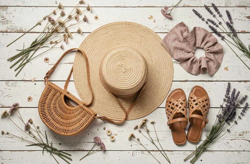 Plat posé d'accessoires estivaux en osier et raphia sur fond de bois blanchi
