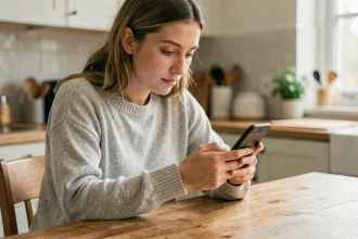Femme activant son forfait Lycamobile en composant le 3535 sur son smartphone depuis sa cuisine