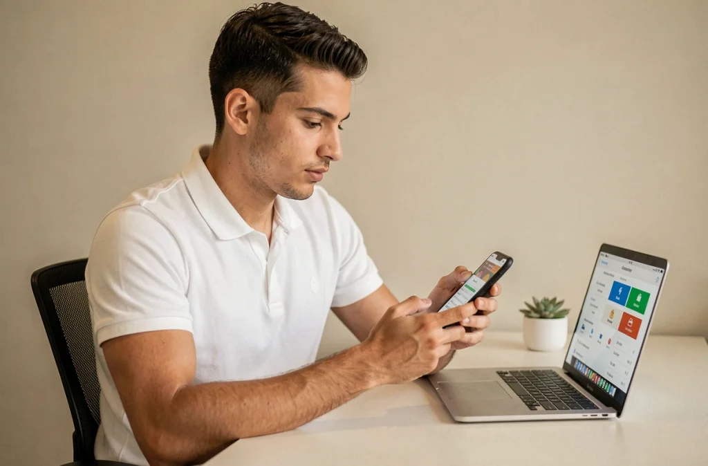 Jeune homme activant un forfait Lycamobile 30 euros via le 3535 sur son smartphone depuis un bureau à domicile