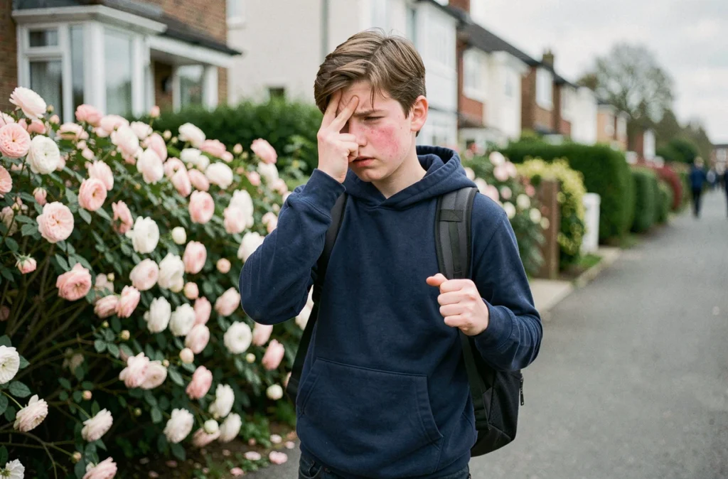 Adolescent se frottant les yeux à cause des allergies au pollen dans une rue résidentielle au printemps