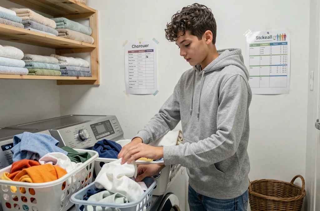 Adolescent triant le linge en famille selon une charte de répartition des tâches adaptée aux responsabilités de son âge