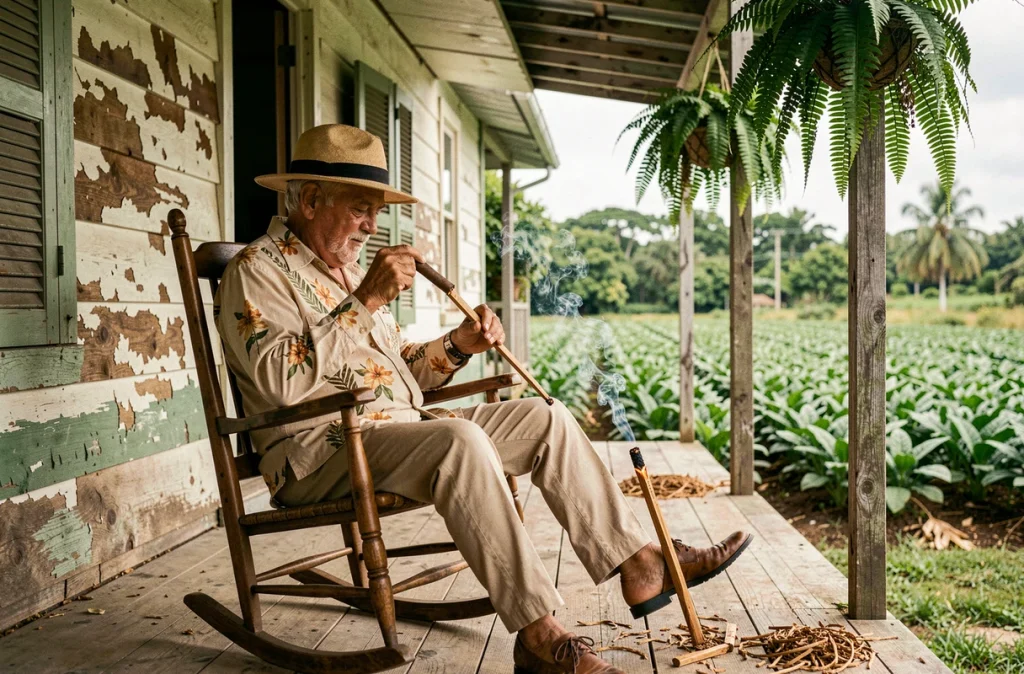 Homme âgé allumant un cigare Churchill avec une allumette de cèdre sur une véranda rurale cubaine