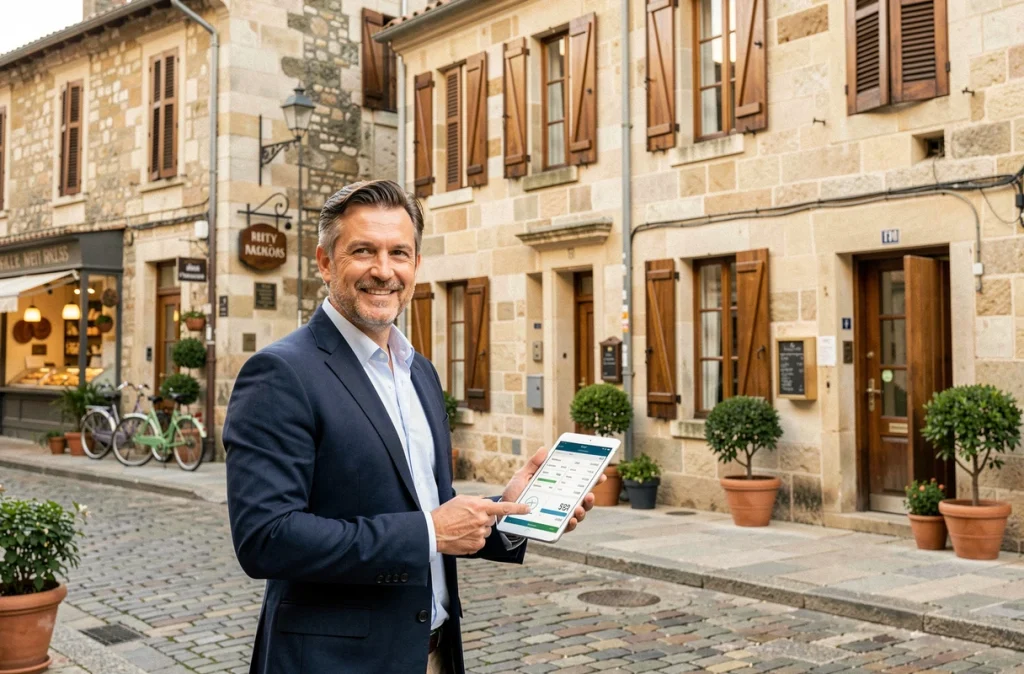 Agent immobilier devant un immeuble de rapport dans une ville moyenne française