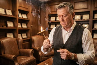 Homme élégant allumant un cigare avec une allumette de cèdre dans un salon de fumeurs en bois