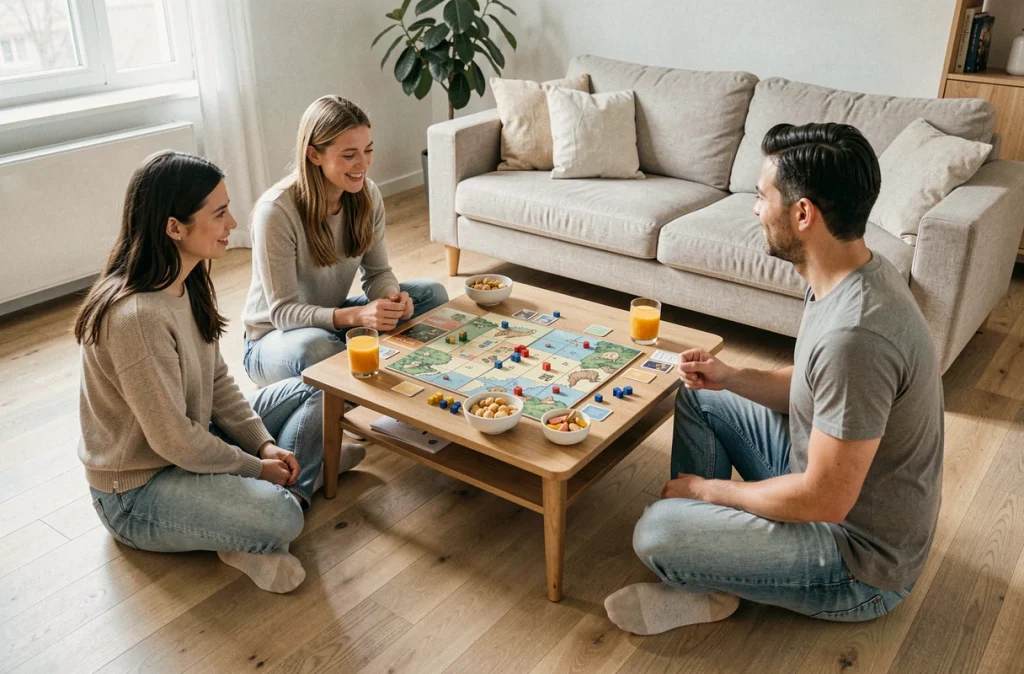 Groupe d'amis adultes jouant à un jeu de plateau moderne assis sur le sol d'un appartement scandinave