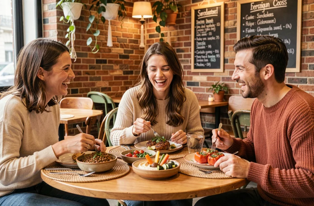 Groupe d'amis partageant un repas végétarien dans un restaurant végétalien branché à Paris