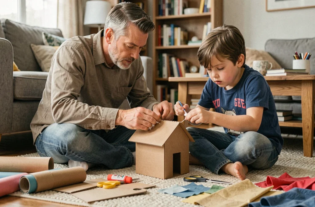 Père et enfant construisant une maison en carton lors d'un atelier créatif DIY dans le salon familial