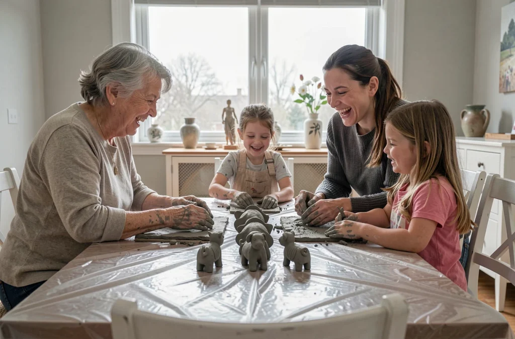 Trois générations de femmes — grand-mère, mère et enfants — modelant de la pâte à argile ensemble autour d'une grande table à manger