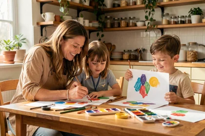 Mère et deux enfants faisant de la peinture à l'aquarelle ensemble autour d'une table en bois dans une cuisine familiale chaleureuse