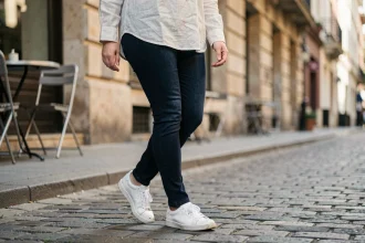 Femme portant des baskets blanches en cuir marchant sur un trottoir urbain pavé