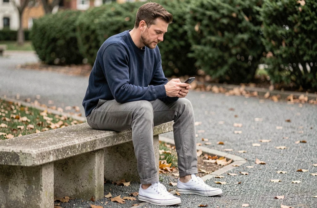 Homme assis sur un banc de parc en baskets blanches et chino gris regardant son téléphone