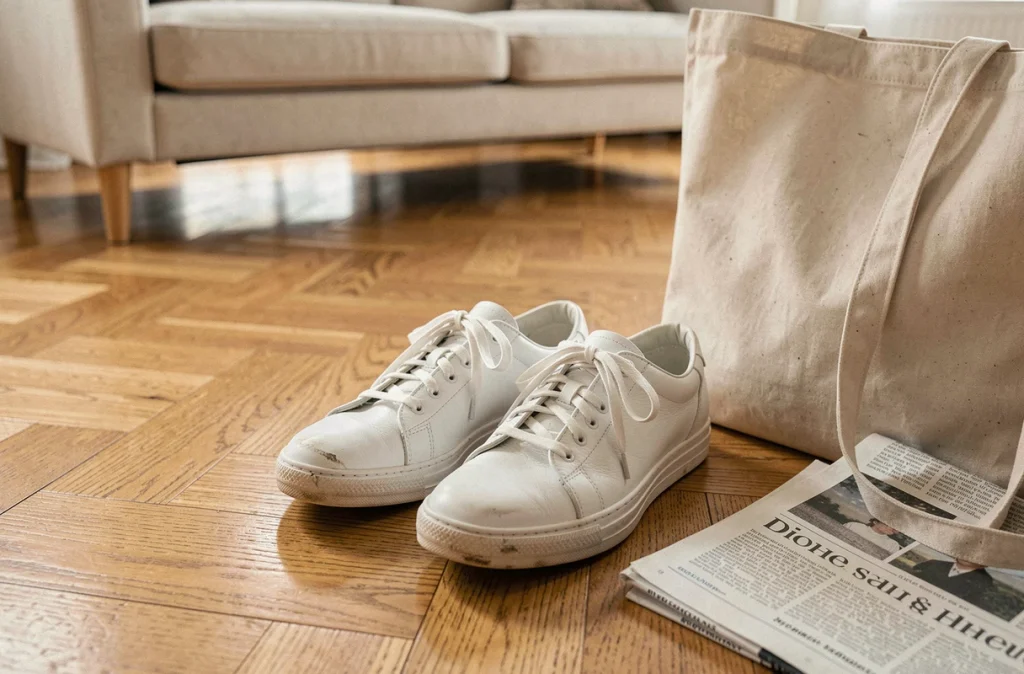 Paire de baskets blanches posée sur un parquet en bois dans un appartement moderne