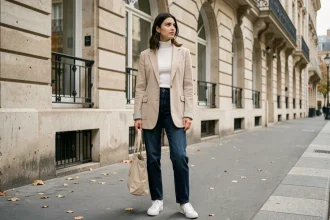 Jeune femme portant un blazer oversize beige avec un jean droit et des sneakers blanches dans une rue parisienne en automne