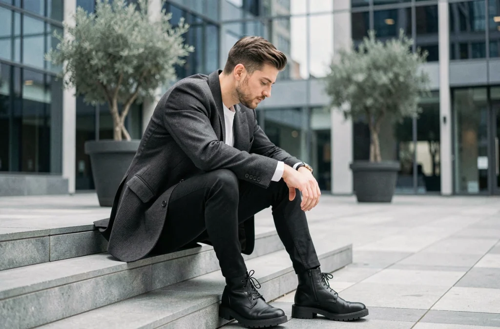 Homme en blazer oversize gris anthracite assis sur les marches d'une place urbaine moderne avec architecture en verre et acier