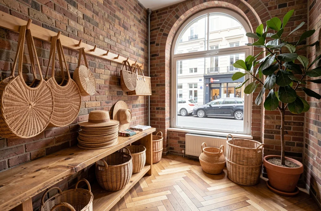Boutique de mode estivale présentant une collection d'accessoires en osier et raphia