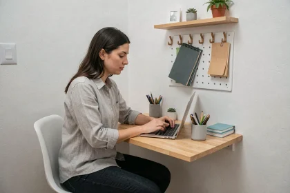 Femme travaillant à un bureau mural compact dans un petit appartement bien organisé