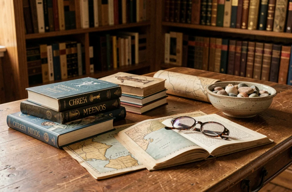 Bureau en bois couvert de livres et ressources sur les dieux grecs de la mer avec carte de la mer Égée