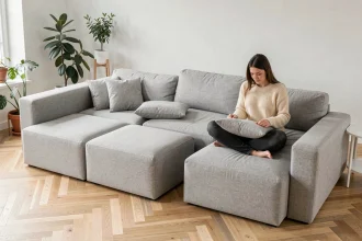Canapé modulable en L de couleur gris clair dans un salon scandinave avec parquet en chêne et décoration minimaliste