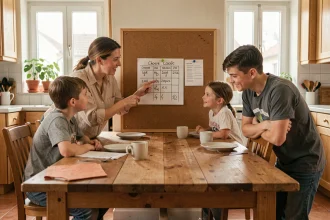 Famille réunie autour d'une table en bois pour établir une charte de partage des tâches ménagères adaptée à chaque âge