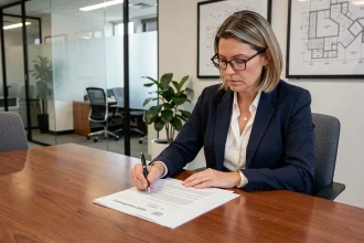 Femme professionnelle en blazer marine analysant un contrat de syndic de copropriété dans un bureau moderne