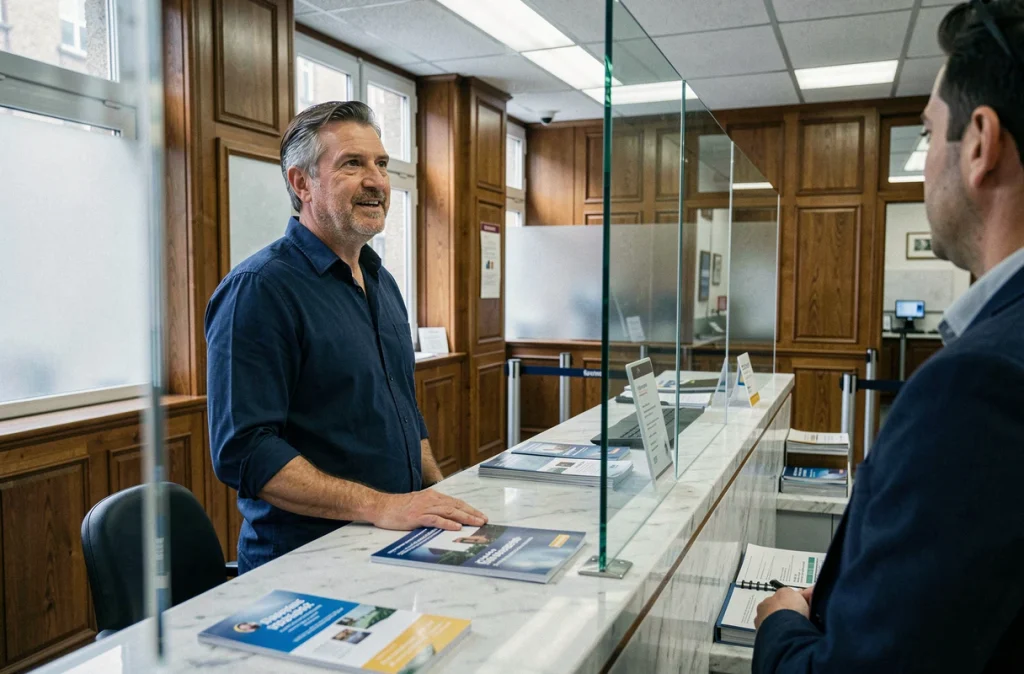 Client discutant des frais bancaires avec un conseiller dans une agence bancaire traditionnelle
