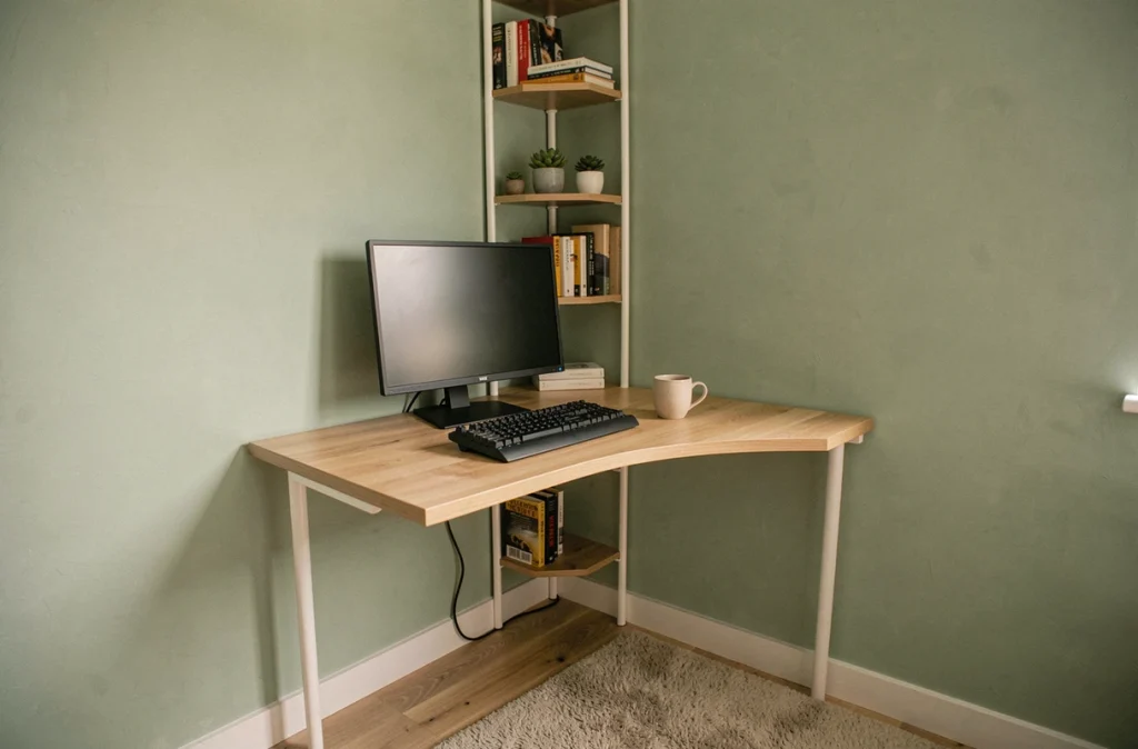 Coin bureau en L bien aménagé dans un petit espace chambre avec rangements muraux