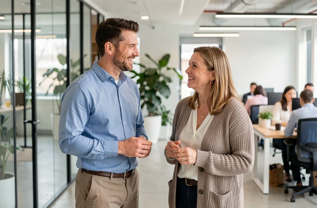 Deux collègues souriants en conversation détendue dans un couloir de bureau moderne, symbole d'harmonie au travail