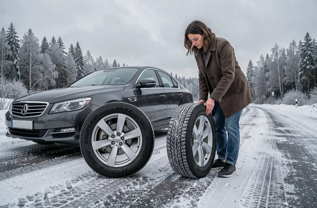 Conductrice comparant un pneu été et un pneu hiver sur une route enneigée en hiver