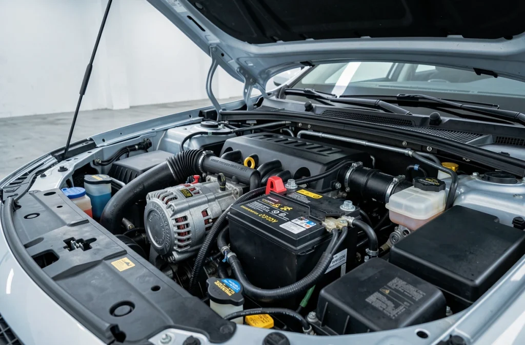 Vue du compartiment moteur d'une voiture équipée d'un système start-stop avec batterie renforcée et démarreur-alternateur