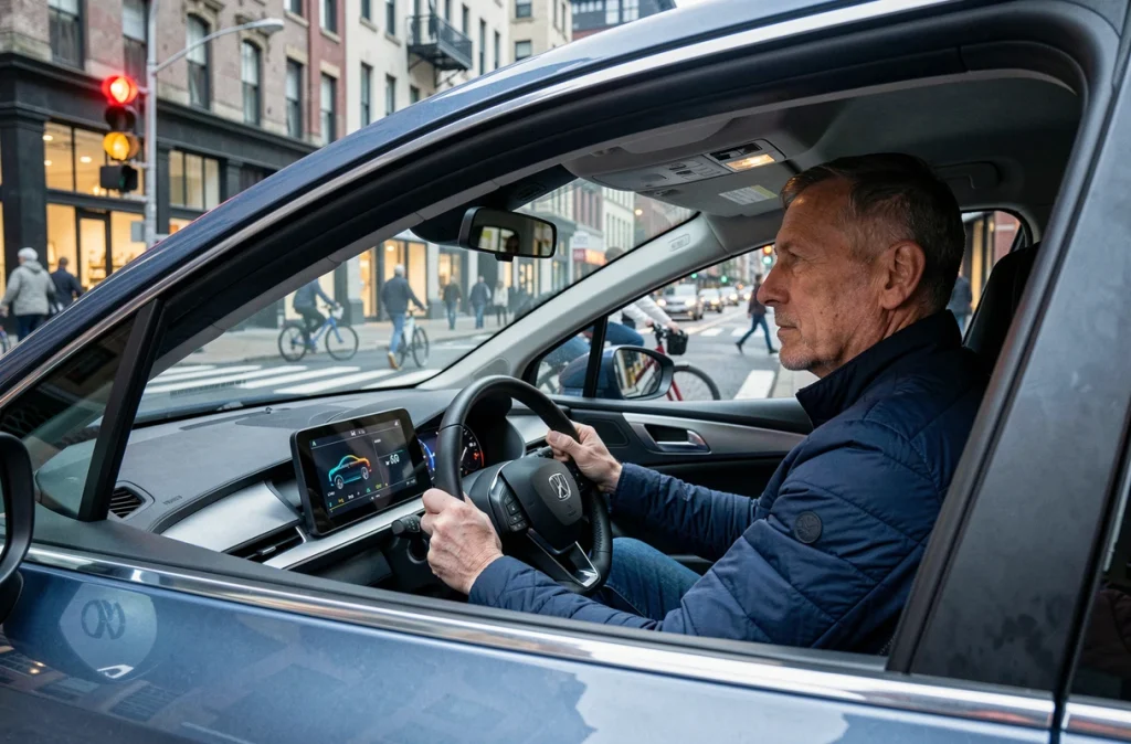Conducteur au volant d'une voiture hybride en ville avec affichage de la consommation sur le tableau de bord