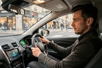 Conducteur en ville avec le système start-stop activé indiqué sur le tableau de bord d'une voiture moderne