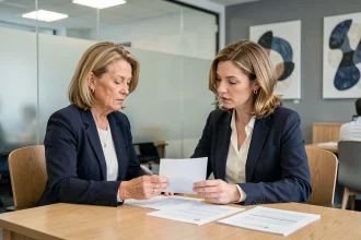 Une femme en blazer marine consulte un conseiller bancaire pour un dossier de crédit immobilier en 2024