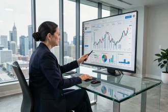 Conseillère en gestion de patrimoine analysant des données financières numériques sur un écran tactile dans un bureau moderne