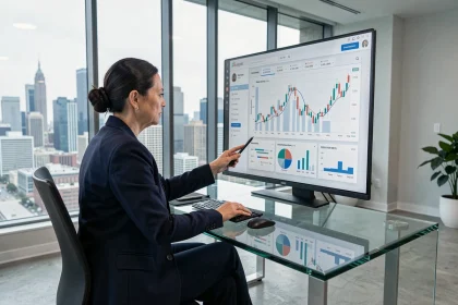 Conseillère en gestion de patrimoine analysant des données financières numériques sur un écran tactile dans un bureau moderne