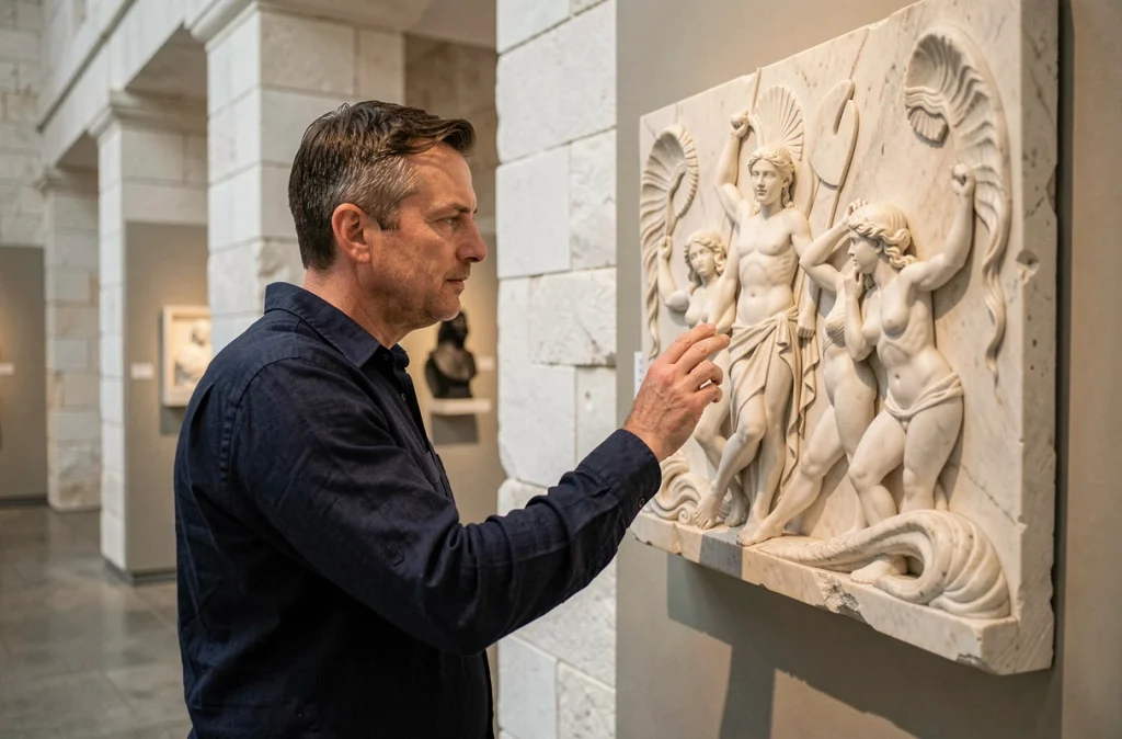 Conservateur de musée examinant un bas-relief en marbre représentant les dieux grecs de la mer