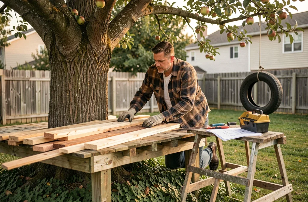 Père construisant une cabane dans les arbres en bois dans un jardin familial transformé en espace d'aventure