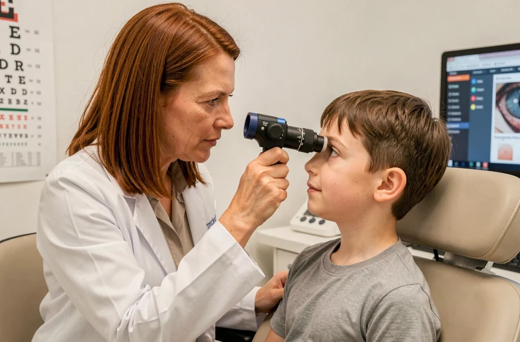 Ophtalmologiste examinant les yeux d'un enfant en cabinet médical, consultation liée aux effets des écrans sur la vue