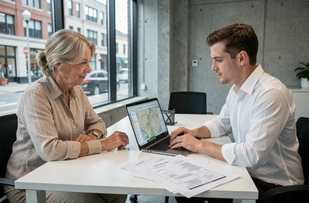 Deux personnes consultant un plan de zonage et les règles d'urbanisme avant l'achat d'un terrain