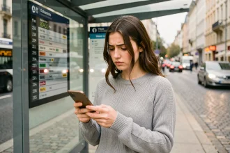 Jeune femme consultant les horaires de la ligne 235 sur son smartphone à un arrêt de bus urbain
