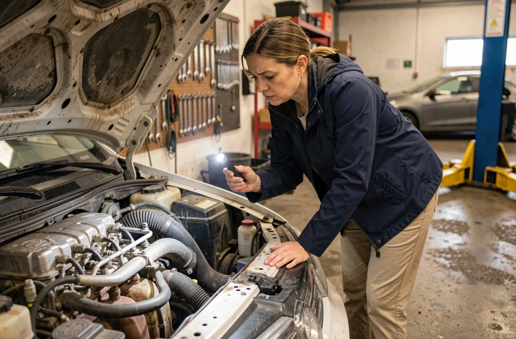 Femme examinant le moteur d'une voiture d'occasion dans un garage indépendant, contrôle mécanique avant l'achat