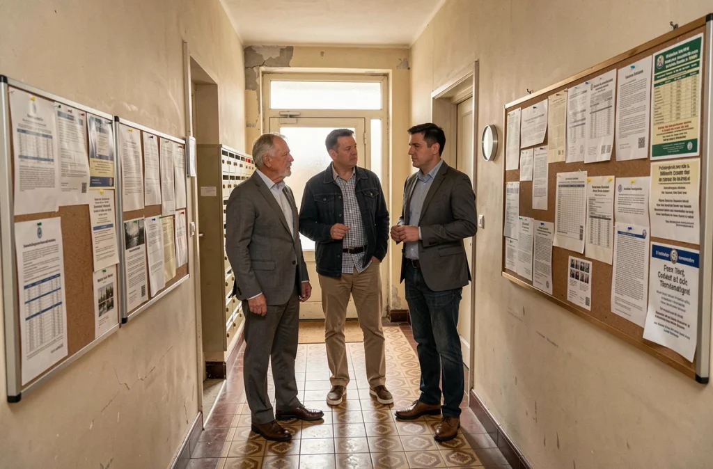 Groupe de copropriétaires consultant un tableau d'affichage officiel dans le couloir d'un immeuble résidentiel