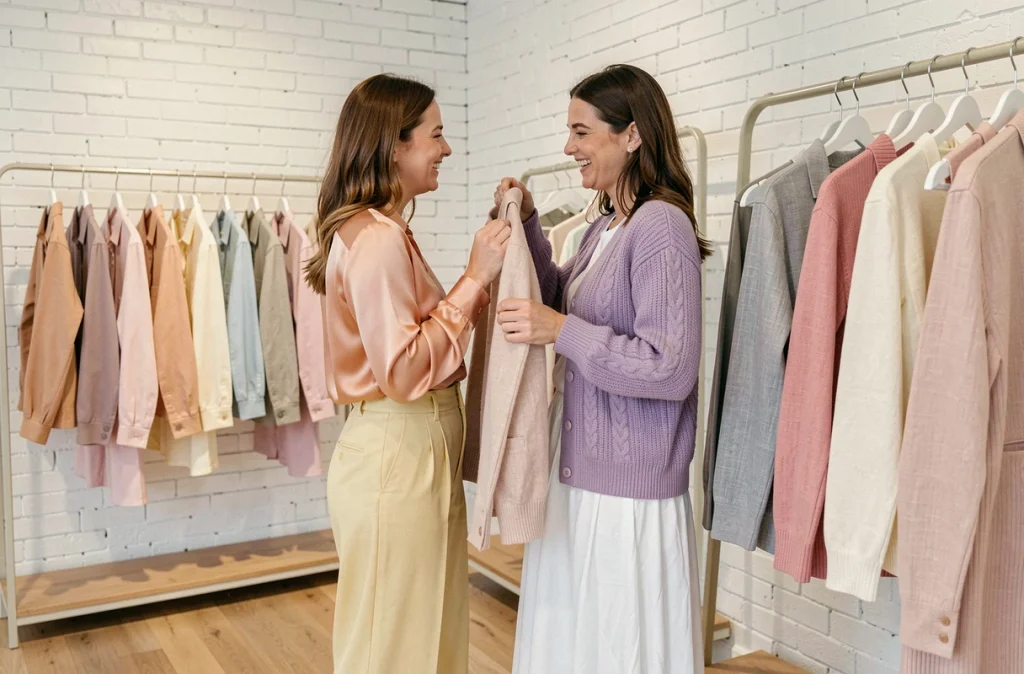 Deux femmes découvrant une collection de vêtements pastel dans une boutique de mode minimaliste et lumineuse