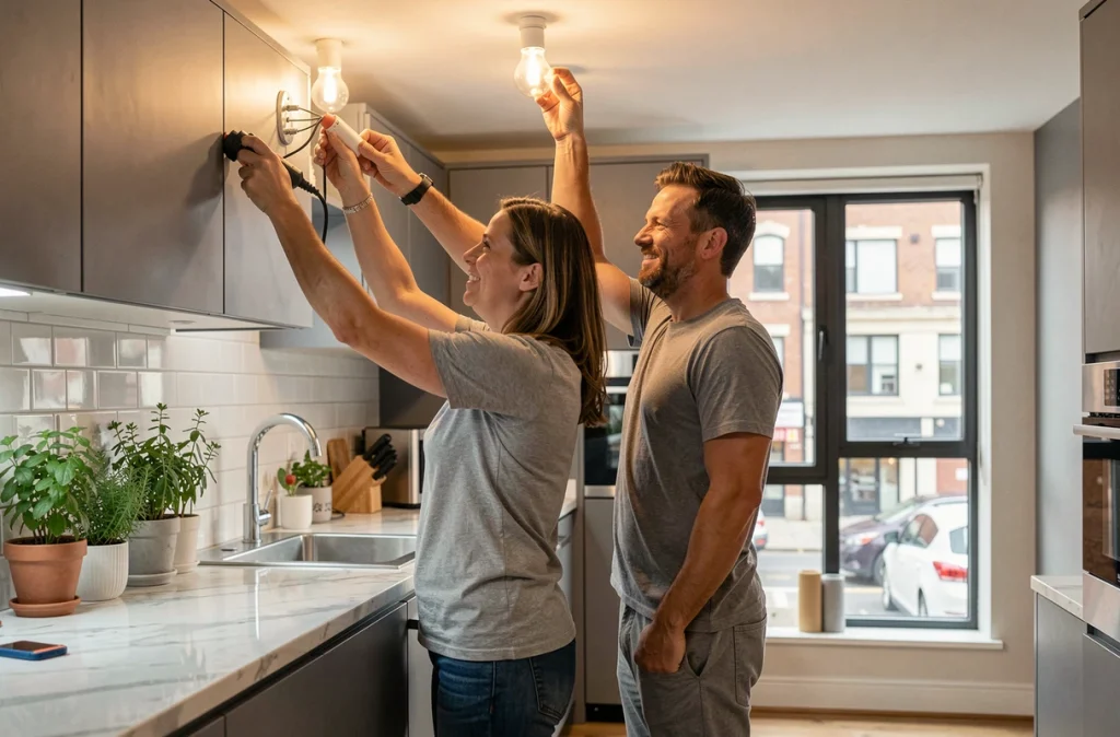 Couple installant des ampoules LED dans la cuisine pour réduire leur consommation électrique
