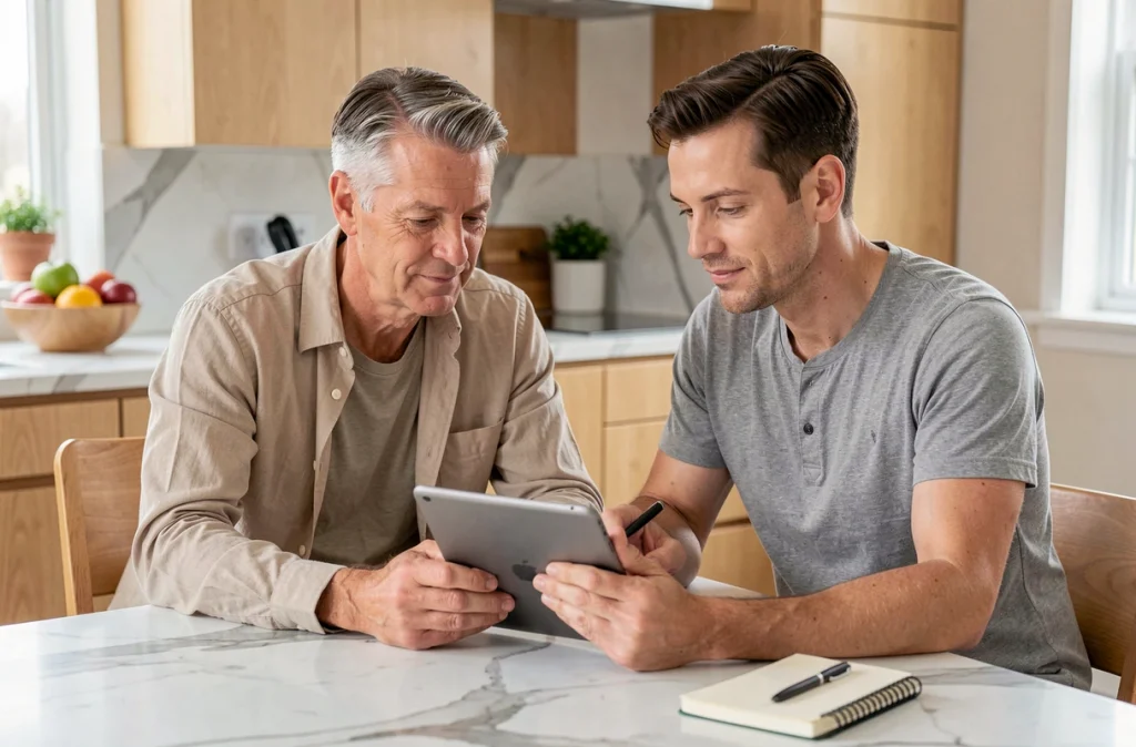 Couple examinant ensemble un contrat d'assurance-vie sur une tablette dans leur cuisine moderne