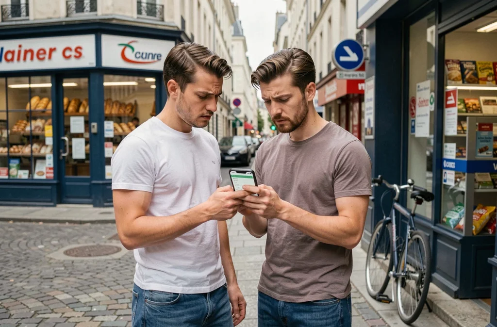 Un jeune couple consulte une application de gestion de budget devant une épicerie, face aux défis économiques de l'inflation sur leur pouvoir d'achat