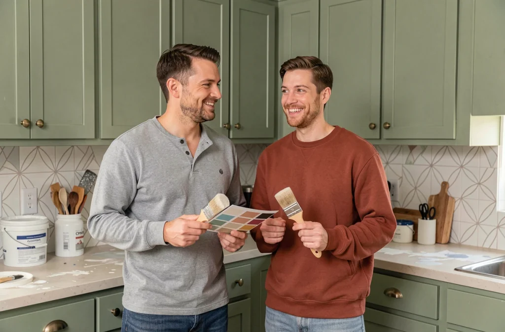 Couple admirant leur cuisine ancienne rénovée avec peinture et nouveaux accessoires sans gros travaux