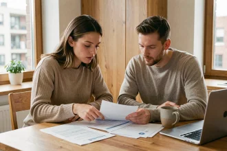 Couple en train d'examiner des documents de prêt immobilier à une table en bois dans un appartement moderne