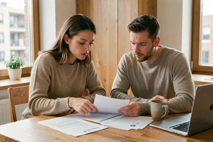 Couple en train d'examiner des documents de prêt immobilier à une table en bois dans un appartement moderne