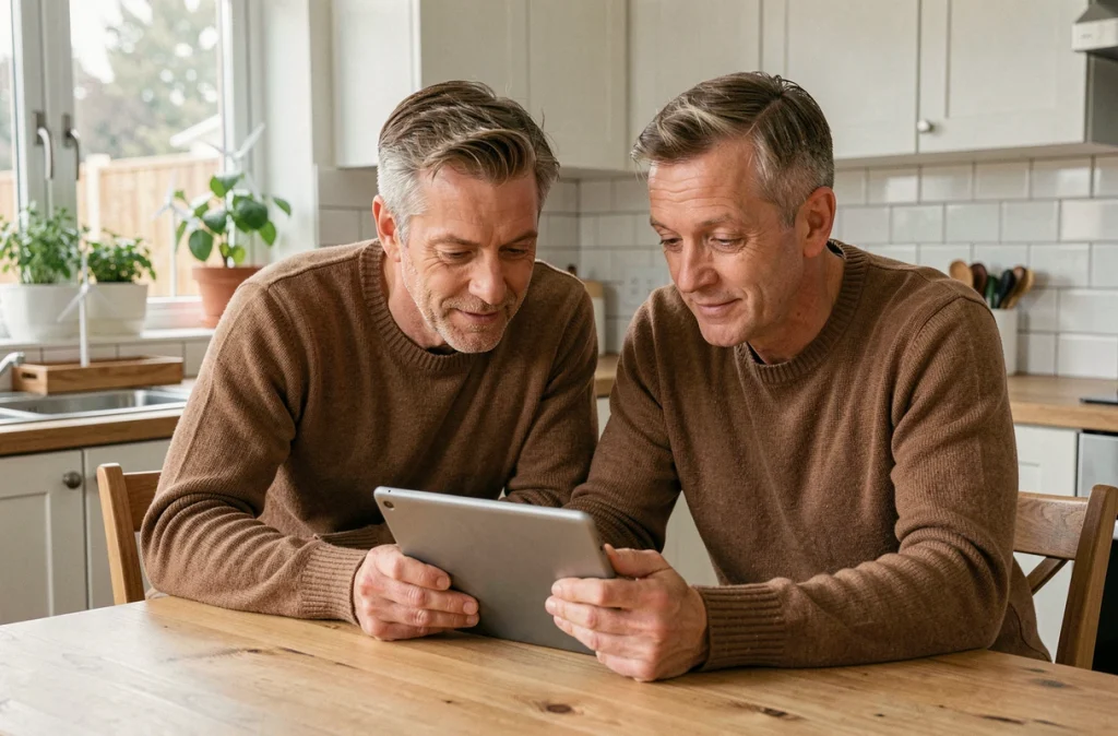 Un couple dans la cinquantaine consulte une plateforme d'investissement en énergies renouvelables sur une tablette dans leur cuisine moderne, symbolisant l'intérêt des particuliers pour la transition énergétique