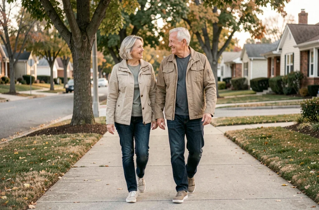 Couple de personnes âgées marchant ensemble sur un trottoir de quartier résidentiel, représentant la marche quotidienne en couple comme habitude saine pour le cœur et la santé cardiovasculaire